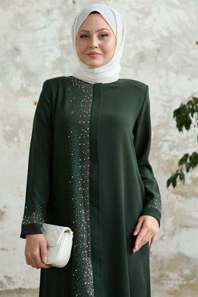 Sağ Kısmı Taş İşlemeli Haki Ferace