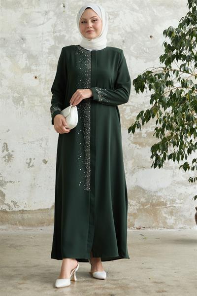 Sağ Kısmı Taş İşlemeli Haki Ferace