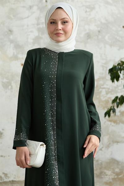 Sağ Kısmı Taş İşlemeli Haki Ferace