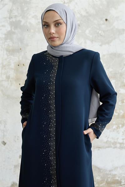 Sağ Kısmı Taş İşlemeli İndigo Ferace