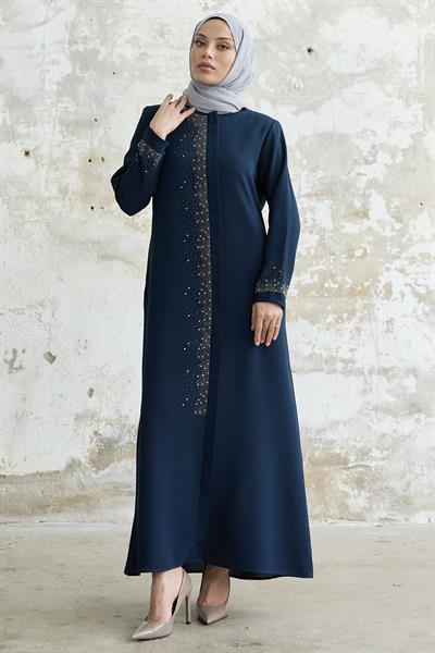 Sağ Kısmı Taş İşlemeli İndigo Ferace