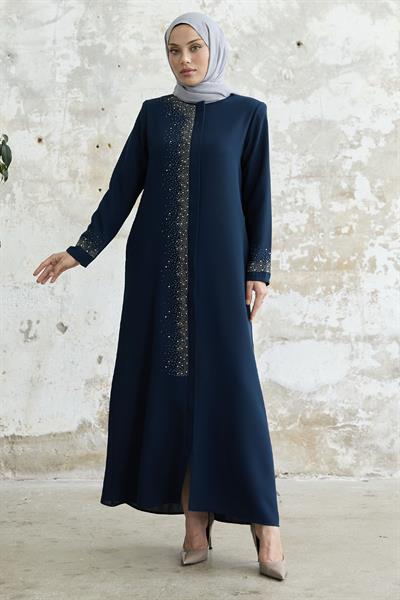 Sağ Kısmı Taş İşlemeli İndigo Ferace