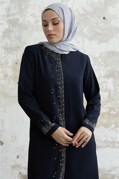 Sağ Kısmı Taş İşlemeli Lacivert Ferace