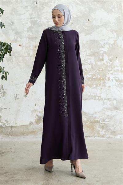 Sağ Kısmı Taş İşlemeli Mürdüm Ferace