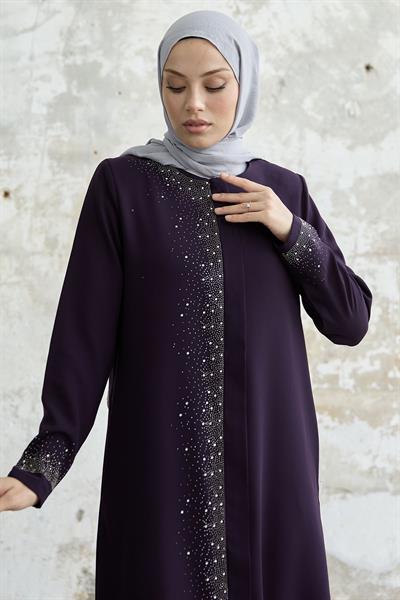 Sağ Kısmı Taş İşlemeli Mürdüm Ferace