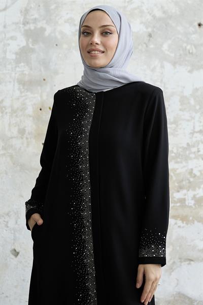 Sağ Kısmı Taş İşlemeli Siyah Ferace