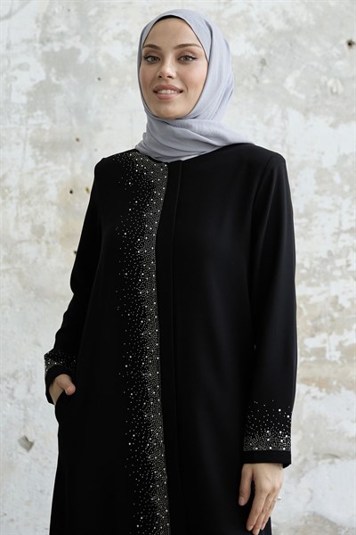 Sağ Kısmı Taş İşlemeli Siyah Ferace