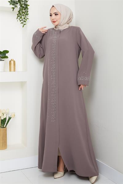 Sağ Kısmı Taş İşlemeli Sütlü Kahve Ferace