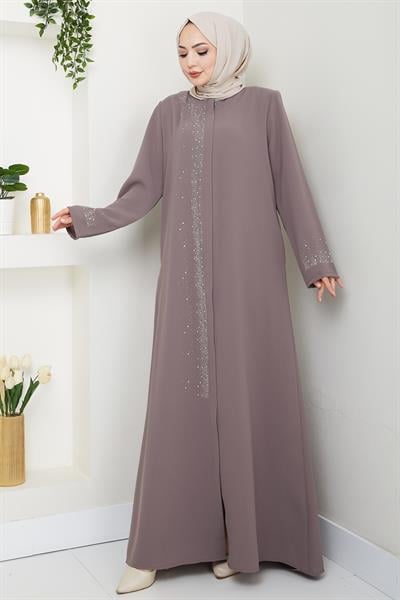 Sağ Kısmı Taş İşlemeli Sütlü Kahve Ferace