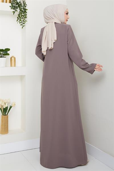 Sağ Kısmı Taş İşlemeli Sütlü Kahve Ferace