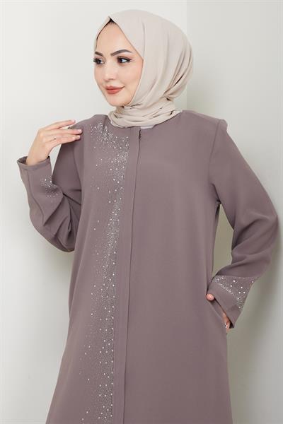 Sağ Kısmı Taş İşlemeli Sütlü Kahve Ferace