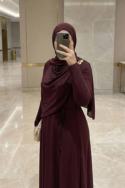 Şal Bağlamalı Broşlu Bordo Sandy Elbise