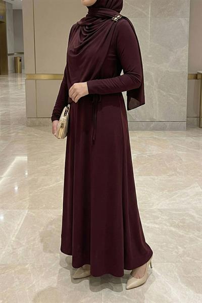 Şal Bağlamalı Broşlu Bordo Sandy Elbise
