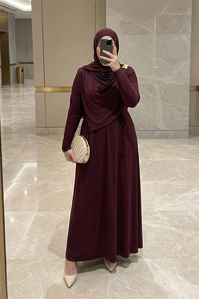 Şal Bağlamalı Broşlu Bordo Sandy Elbise