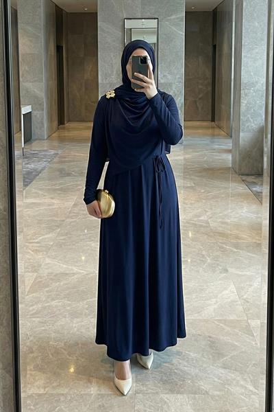 Şal Bağlamalı Broşlu Lacivert Sandy Elbise