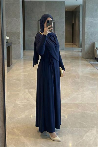 Şal Bağlamalı Broşlu Lacivert Sandy Elbise