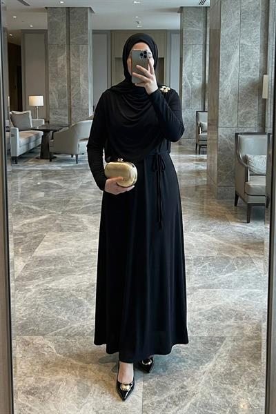 Şal Bağlamalı Broşlu Siyah Sandy Elbise