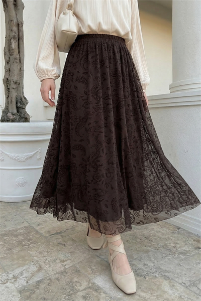 Şal Desen Acı Kahve Flok Etek