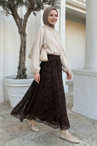 Şal Desen Acı Kahve Flok Etek