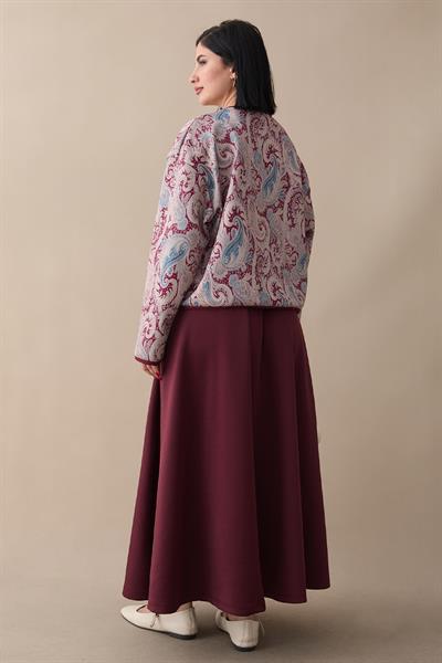 Şal Desen Ceket Etek Bordo Takım