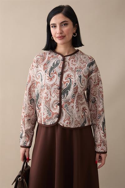 Şal Desen Ceket Etek Kahverengi Takım