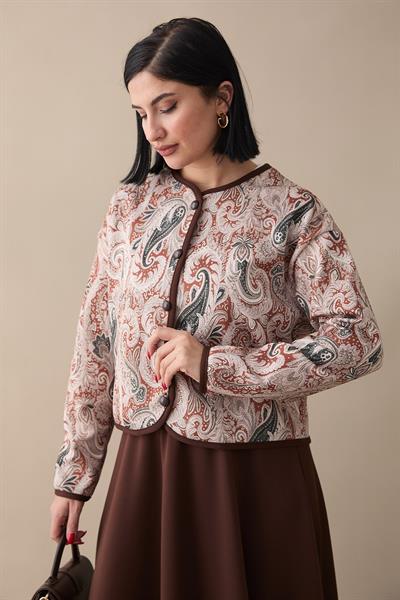 Şal Desen Ceket Etek Kahverengi Takım