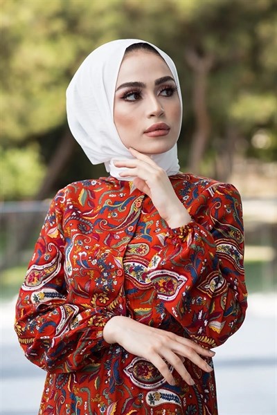 Şal Desen Dokuma Kiremit Elbise