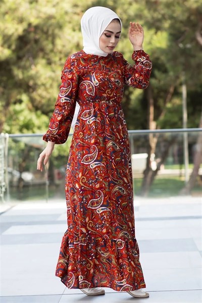 Şal Desen Dokuma Kiremit Elbise