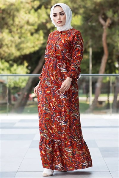 Şal Desen Dokuma Kiremit Elbise