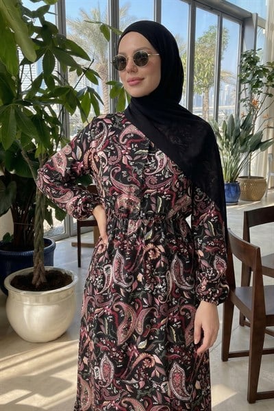 Şal Desen Dokuma Siyah Elbise