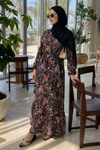 Şal Desen Dokuma Siyah Elbise