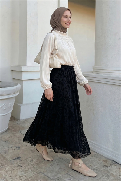 Şal Desen Siyah Flok Etek