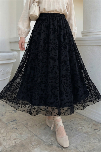 Şal Desen Siyah Flok Etek