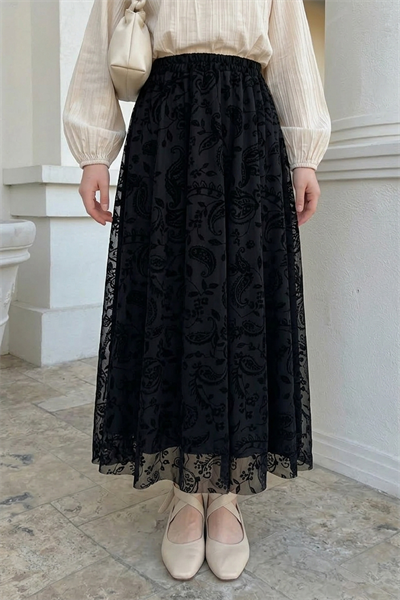 Şal Desen Siyah Flok Etek