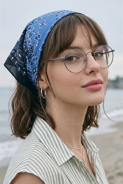 Şal Desenli Siyah-Mavi Bandana Fular 50x50