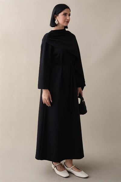 Şal Detay Siyah Modal Elbise