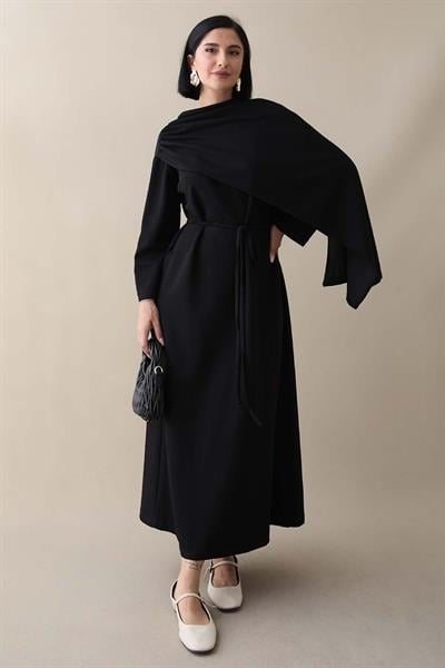 Şal Detay Siyah Modal Elbise