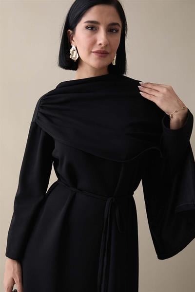 Şal Detay Siyah Modal Elbise