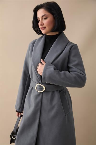 Şal Yaka Gold Kemerli Antrasit Kaşe Kaban