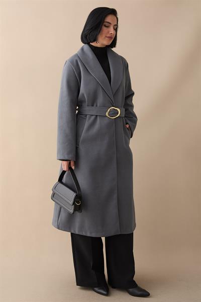 Şal Yaka Gold Kemerli Antrasit Kaşe Kaban