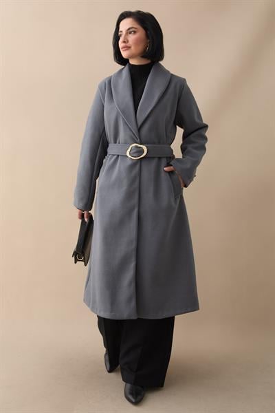 Şal Yaka Gold Kemerli Antrasit Kaşe Kaban