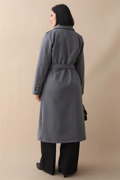 Şal Yaka Gold Kemerli Antrasit Kaşe Kaban