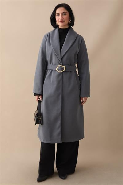 Şal Yaka Gold Kemerli Antrasit Kaşe Kaban