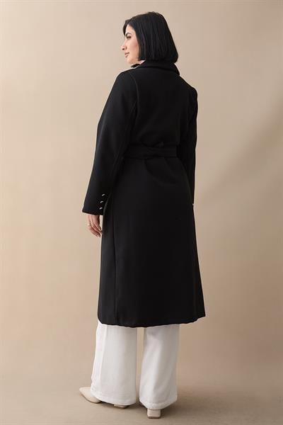 Şal Yaka Gold Kemerli Siyah Kaşe Kaban