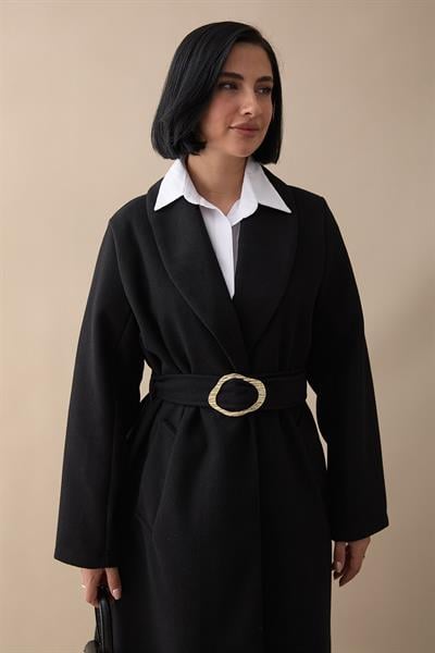 Şal Yaka Gold Kemerli Siyah Kaşe Kaban