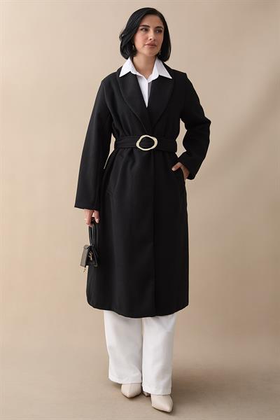 Şal Yaka Gold Kemerli Siyah Kaşe Kaban