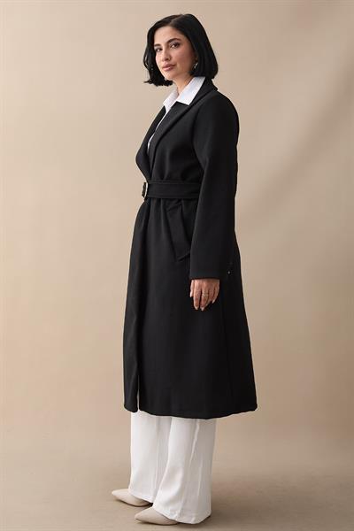 Şal Yaka Gold Kemerli Siyah Kaşe Kaban