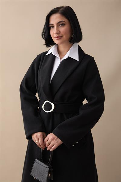 Şal Yaka Gold Kemerli Siyah Kaşe Kaban