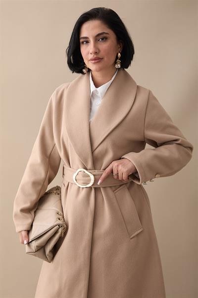 Şal Yaka Gold Kemerli Sütlü Kahve Kaşe Kaban