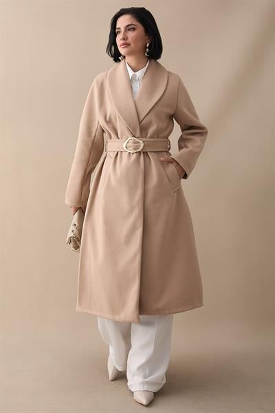 Şal Yaka Gold Kemerli Sütlü Kahve Kaşe Kaban